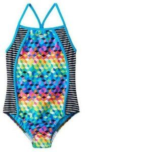 *Swimsuit Speedo sz 10 Black Stripes Blue 1 Pc Silicone Gripper Racerback Girls